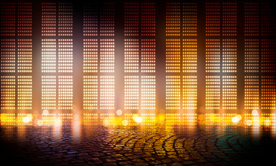Background of empty stage show. Neon light and laser show. Laser futuristic shapes on a dark...