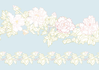 Peony tree branch with flowers in the style of Chinese painting on silk Seamless pattern, background. Colored vector illustration. Outline hand drawing vector illustration. on sky blue background..