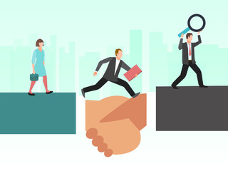 Business agreement bridge vector illustration. Concept corporate deal and partnership communication. Businesspeople agreeing and shake hands