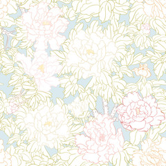 Fototapeta premium Peony tree branch with flowers in the style of Chinese painting on silk Seamless pattern, background. Colored vector illustration. Outline hand drawing vector illustration. on sky blue background..