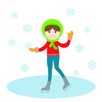 Vector image of a girl dressed in blue jeans, red sweater, brown mittens and green hat and scarf, with skates on her feet. Young beautiful smiling brunette  woman ice-skating & holding a snowflake.