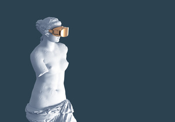 3D Model Aphrodite With Golden VR Glasses On Blue Background. Concept Of Art And Virtual Reality. - 303202038