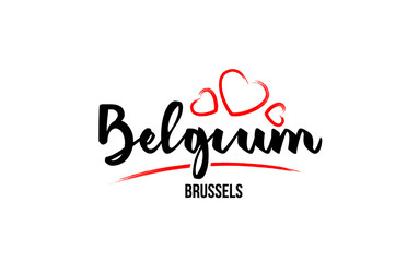 Belgium country with red love heart and its capital Brussels creative typography logo design