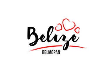 Belize country with red love heart and its capital Belmopan creative typography logo design