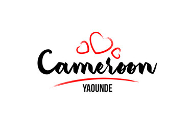 Fototapeta na wymiar Cameroon country with red love heart and its capital Yaounde creative typography logo design