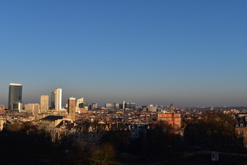 Fototapeta na wymiar Cityscape of Brussels from distance with Atomium and dome of Sainte Marie