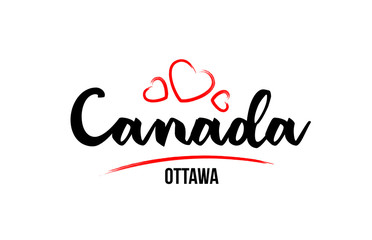 Fototapeta na wymiar Canada country with red love heart and its capital Ottawa creative typography logo design