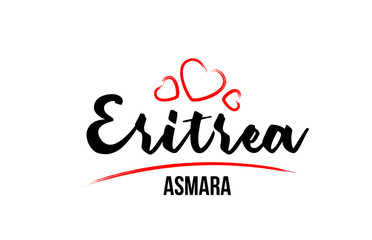 Fototapeta na wymiar Eritrea country with red love heart and its capital Asmara creative typography logo design