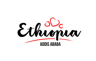 Ethiopia country with red love heart and its capital Addis Ababa creative typography logo design