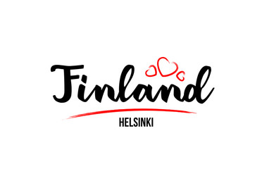 Finland country with red love heart and its capital Helsinki creative typography logo design