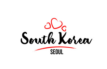 South Korea country with red love heart and its capital Seoul creative typography logo design