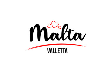 Malta country with red love heart and its capital Valletta creative typography logo design