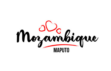Mozambique country with red love heart and its capital Maputo creative typography logo design