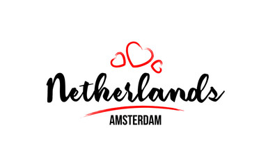 Netherlands country with red love heart and its capital Amsterdam creative typography logo design