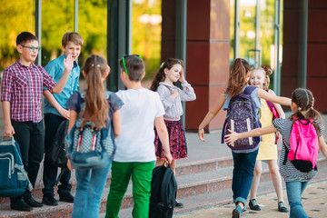 Schoolmates go to school. Students greet each other.