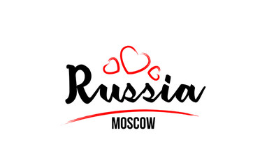 Fototapeta na wymiar Russia country with red love heart and its capital Moscow creative typography logo design
