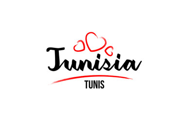 Tunisia country with red love heart and its capital Tunis creative typography logo design