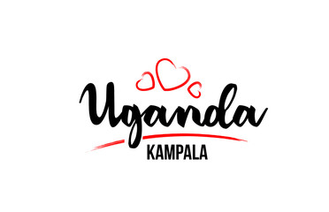 Uganda country with red love heart and its capital Kampala creative typography logo design