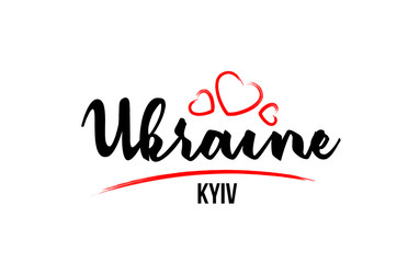 Ukraine country with red love heart and its capital Kyiv creative typography logo design