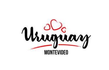 Fototapeta na wymiar Uruguay country with red love heart and its capital Montevideo creative typography logo design