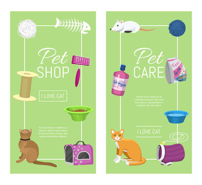 Pet Care Supplies Vector Illustration. Animal Cares, Cats Feeding And Pets Walking. Vertical Banners Templates. Cat Accessories And Equipment