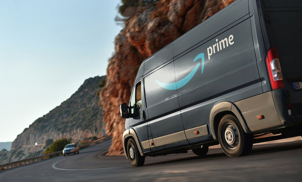 Kas / Turkey - 10.08.18: Delivery truck of Amazon Prime