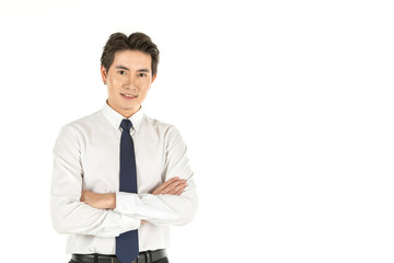 Portrait of smart smiling young asian businessman with white shirt and blue tie on isolated white background and copy space.