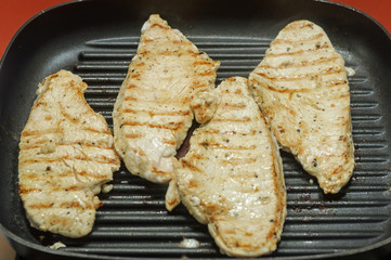 Turkey steaks cooked on a grill pan.