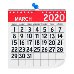 March 2020 Monthly Wall Calendar, 3D rendering