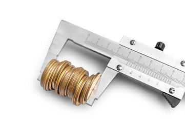Vernier caliper with coins on white background. Business concept.