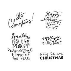 Set of 5 vector Christmas handwritten letterings. Doodle calligraphy. It's Christmas, Happy New Year, Finally it's the most wonderful time of the year, Merry Christmas, Seems like it's Christmas