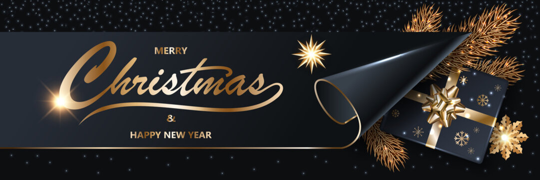 Merry Chistmas and Happy New Year 2020 shining Xmas luxury black glitter background with gold text, confetti, fir tree, gift box with a golden ribbon and bow, vector illustration.