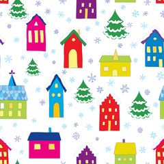 Seamless winter pattern with stylized European houses and snowflakes. Merry Christmas! Happy New year!