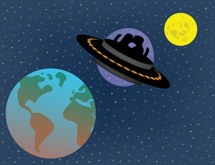 Naklejka premium Love couple is flying in UFO alien spaceship above and between earth and moon in the future time. Science fiction and life in the future. Futuristic prediction illustration.