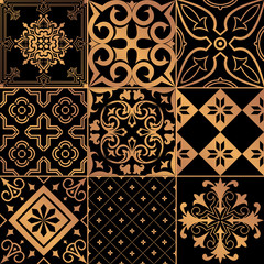 Set of black and gold tiles in portuguese style. Mosaic pattern for ceramic in dutch, portuguese, spanish, italian style.