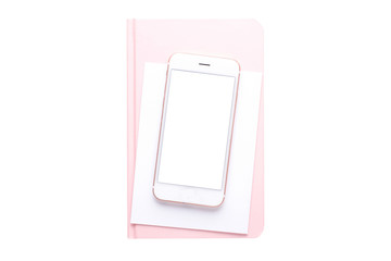 Mobile phone with a pink notebook on a white background