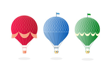 Fototapeta premium Vintage retro hot air balloon with basket in sky isolated on background. Vector cartoon design