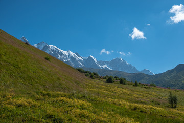 Fototapeta na wymiar Adishi Glacier in Caucasus Mountain - popular trek in Svaneti, Georgia. 