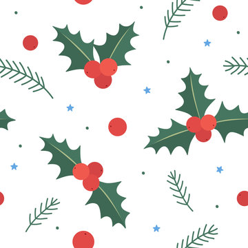 Seamless pattern with Christmas holly berries and sprigs of fir. New Year picture. It can be used to decorate holiday packages, wrapping paper, textiles. Vector illustration on white background.