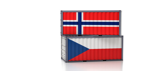 Two freight container with Czech Republic and Norway flag. 3d rendering 