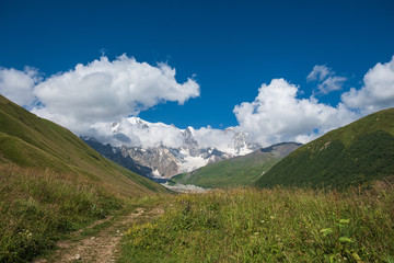 Adishi Glacier in Caucasus Mountain - popular trek in Svaneti, Georgia. 