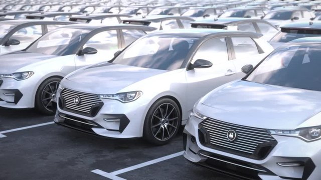 Tracking shot along rows of generic electric self driving cars on car on big storage parking lot. Seamless loop. Realistic high quality 3d animation.