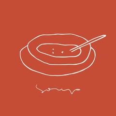 Hand draw soup bowl. Vector line art illustration with hand lettering. Cafe logo design