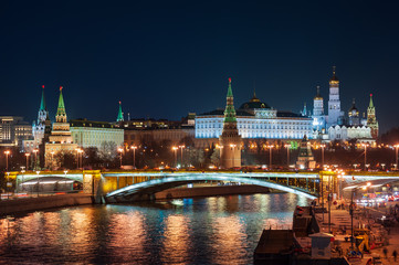 Russia, Moscow. View of Moscow Kremlin at night