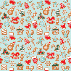 Christmas seamless background. Colorful Gingerbread cookies. Traditional pattern for wrapping paper, banners, pajamas. Cute design elements. Raster