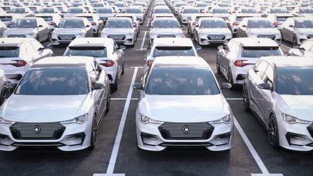 Front view of generic electric self driving cars on car on a huge car dealership parking lot.  Multiple rows of electric cars for sale. Seamless loop. Realistic high quality 3d animation.