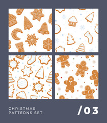 Set of Christmas seamless patterns. New Year pictures with gingerbread men and cookies of various shapes. It can be used to decorate holiday packages, wrapping paper. Vector winter illustration.