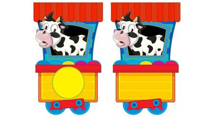 Cartoon funny looking steam wagon with animal cow on white background - illustration for children