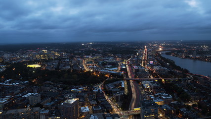 night time at downtown boston in the direction of fenway park from the observation deck of skywalk...
