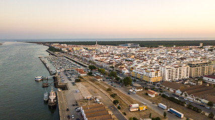 Aerial. Vila Real Santo Antonio on the river Guadiana, with a port for yachts and fishing boats.